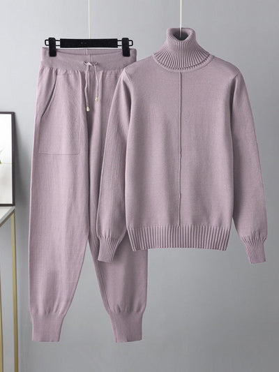 Casual Solid Long Sleeves High-Neck Sweater Tops & Drawstring Wide Leg Pants Suits