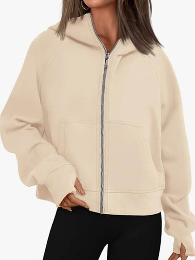 Hooded Long Sleeves Pockets Solid Color Zipper Jackets Outerwear