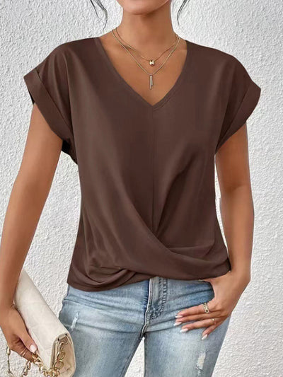 Loose Short Sleeves Pleated Solid Color V-Neck T-Shirts Tops