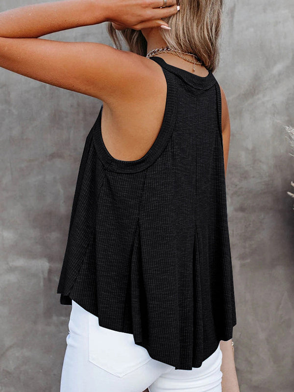 Loose Sleeveless Pleated Solid Color V-Neck Vest Top