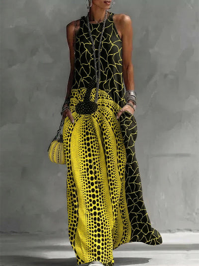 Loose Sleeveless Pockets Polka-Dot Printed Round-Neck Maxi Dresses