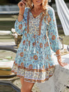 A-Line Loose Buttoned Contrast Color Flower Print Pleated V-Neck Mini Dresses