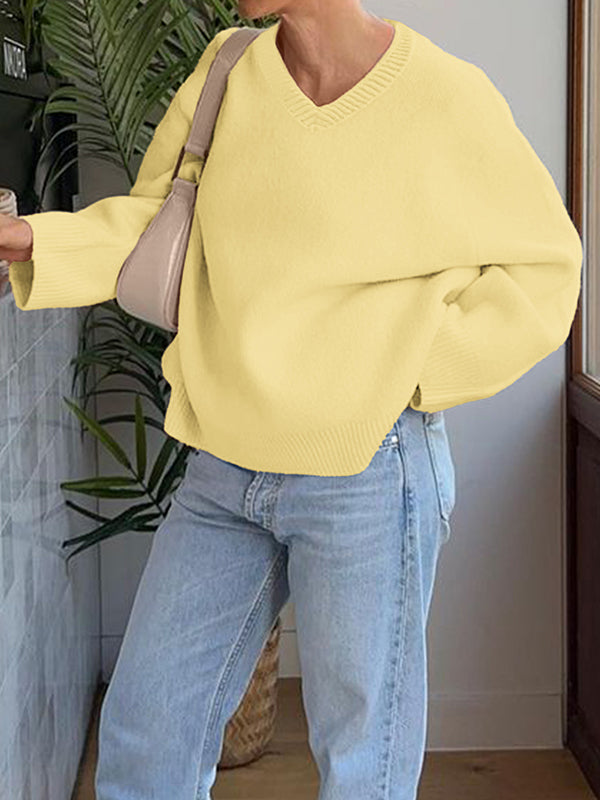Long Sleeves Loose Ribs Solid Color V-Neck Sweater Tops