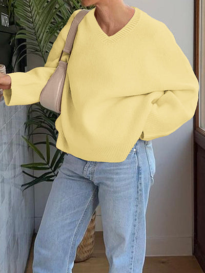 Long Sleeves Loose Ribs Solid Color V-Neck Sweater Tops
