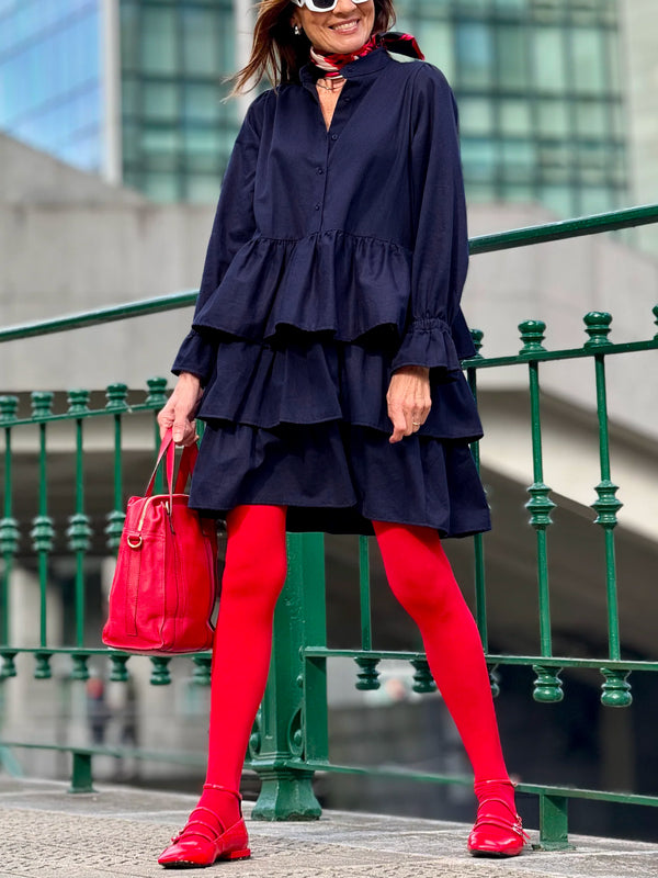 Flared Sleeves Long Sleeves Buttoned Elasticity Layered Solid Color V-Neck Mini Dresses