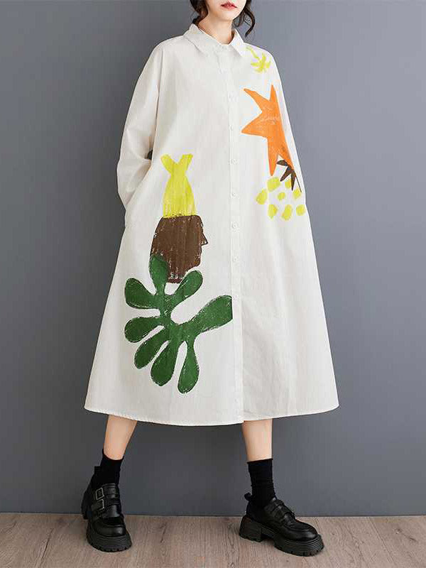 A-Line Long Sleeves Buttoned Pockets Printed Split-Joint Lapel Midi Dresses Shirt Dress