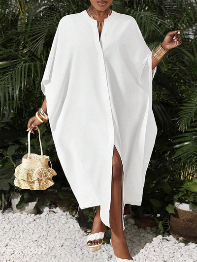 Batwing Sleeves Half Sleeves Solid Color V-Neck Maxi Dresses