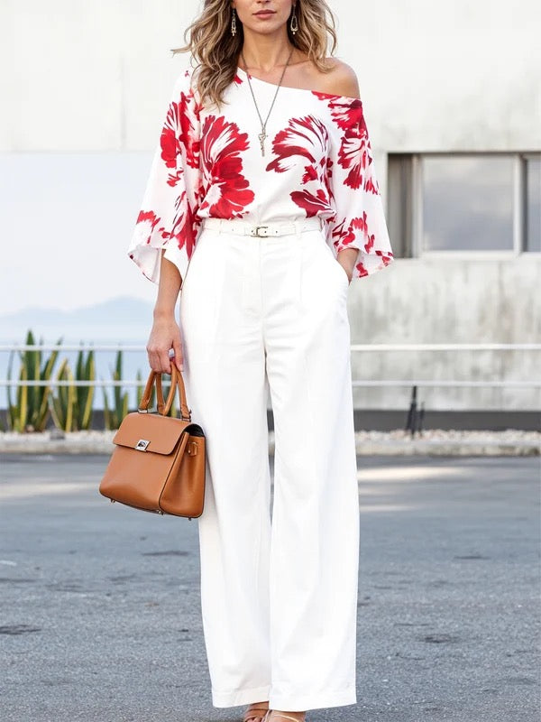 Long Sleeves Loose Contrast Color Flower Print One-Shoulder Blouses&Shirts Tops