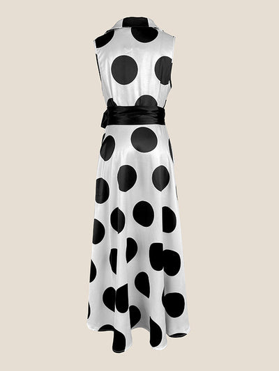 A-Line Sleeveless Polka-Dot Split-Joint Tied Waist Lapel Maxi Dresses Shirt Dress