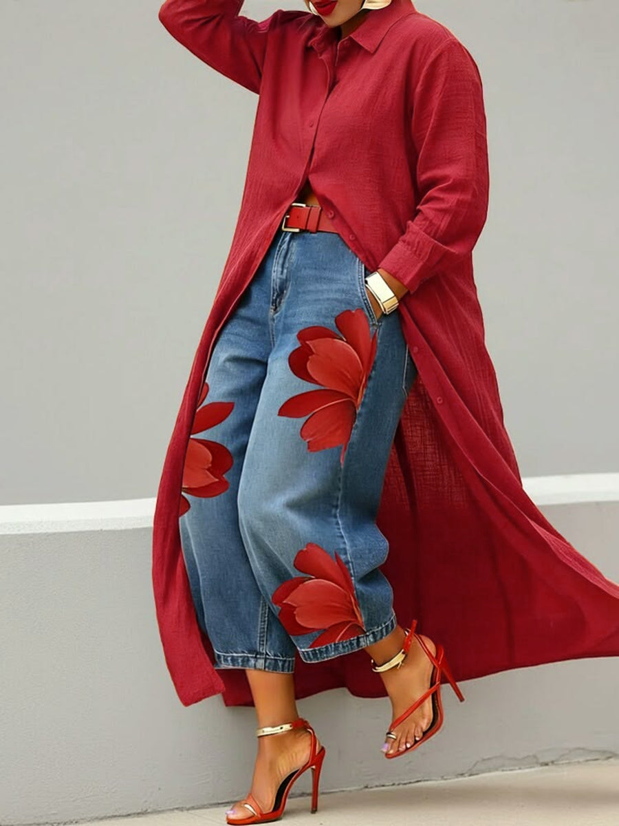 Long Sleeves Loose Buttoned Solid Color Lapel Blouses&Shirts Tops