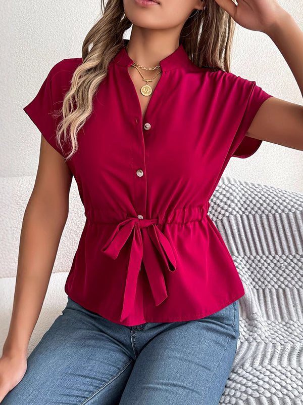 Short Sleeves Buttoned Comfort Solid Color Tied Waist Stand Collar Blouses&Shirts Tops