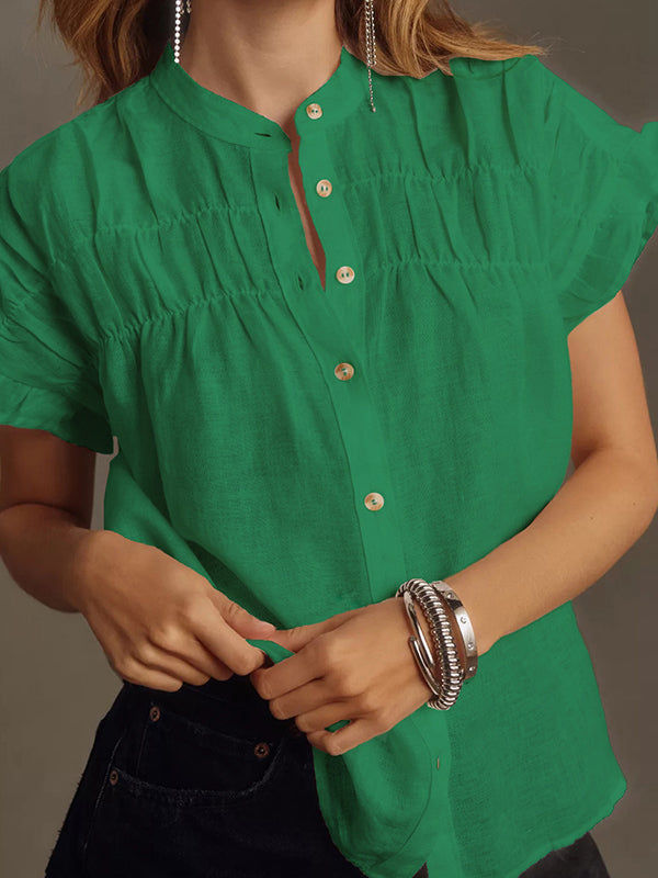 Loose Short Sleeves Pleated Ruffled See-Through Split-Joint Round-Neck Blouses&Shirts Tops