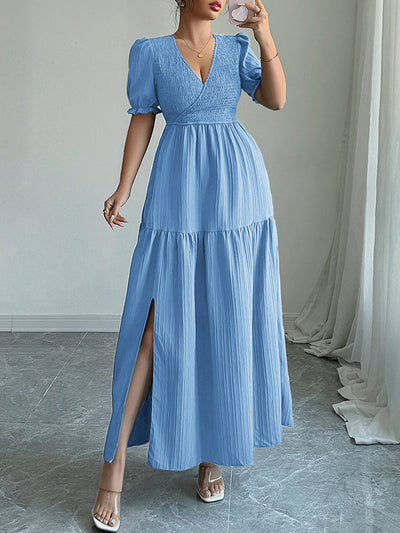 Half Sleeves High Waisted Pleated Solid Color Split-Front V-Neck Maxi Dresses