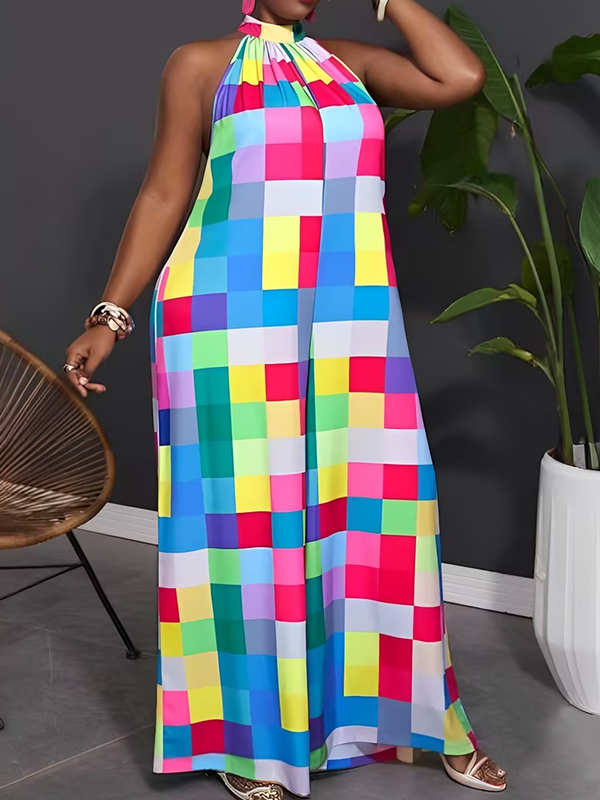 Loose Sleeveless Contrast Color Plaid Pleated Halter-Neck Jumpsuits