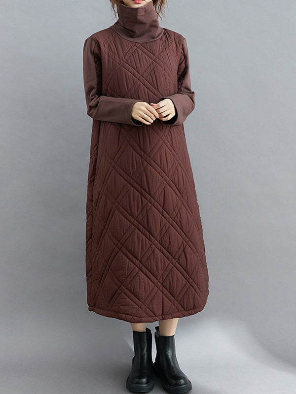 Simple Split-Joint High-Neck H-Line Quilted Midi Dress