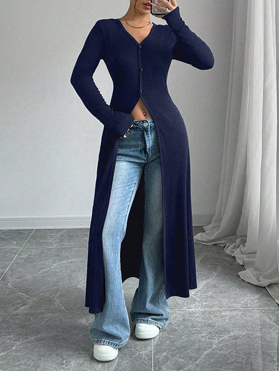 Long Sleeves Skinny Buttoned Solid Color Split-Front V-Neck T-Shirts