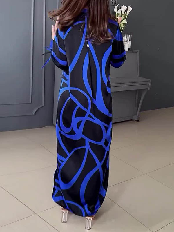 A-Line Long Sleeves Contrast Color V-Neck Maxi Dresses Shirt Dress