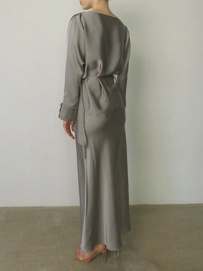 Loose Solid Color Split-Joint Boat Neck Long Sleeves Blouse & Shirt + Skirt Two Pieces Set