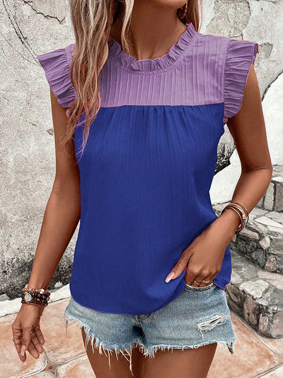 Flying Sleeves Loose Contrast Color Pleated Ruffled Split-Joint Round-neck Vest Top
