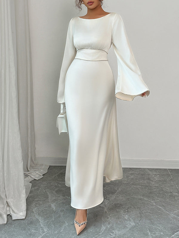 A-Line Flared Sleeves Solid Color Tied Zipper Round-Neck Maxi Dresses