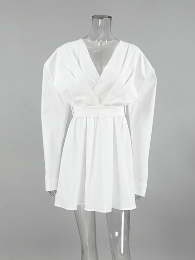 Long Sleeves Loose Pleated Solid Color Split-Joint Tied Waist V-Neck Mini Dresses Shirt Dress