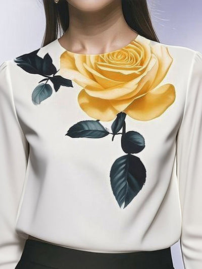 Long Sleeves Loose Flower Print Pleated Round-Neck Blouses&Shirts Tops