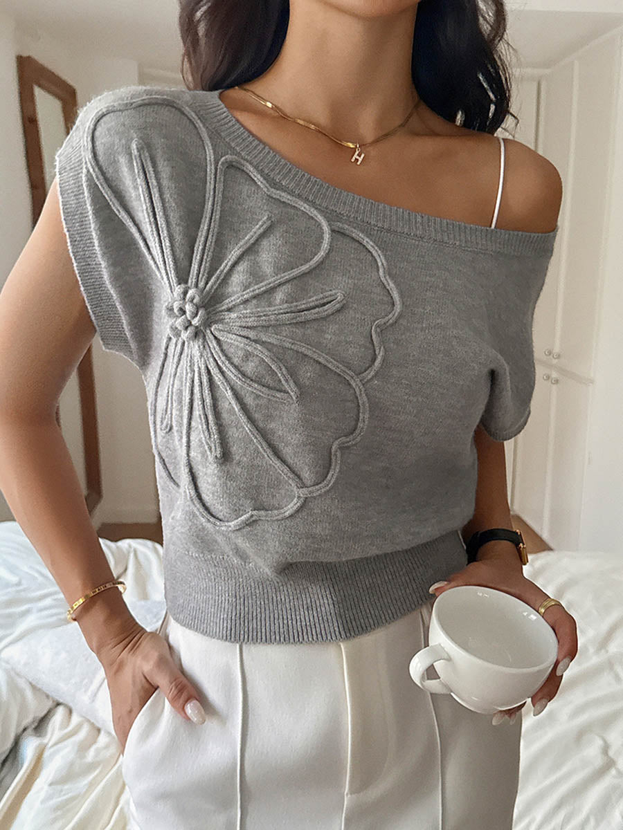 Short Sleeves Flower-Embellished Solid Color Split-Joint One-Shoulder Sweater Tops