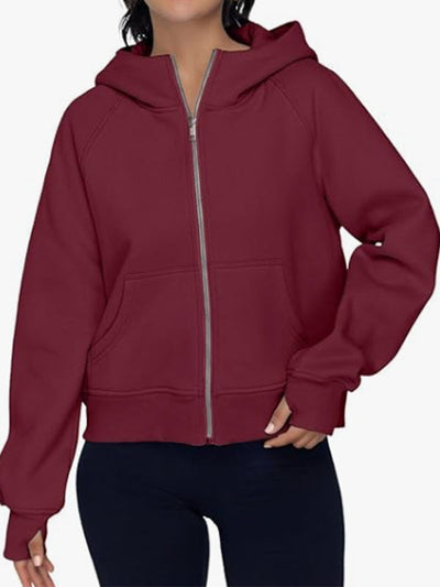Hooded Long Sleeves Pockets Solid Color Zipper Jackets Outerwear