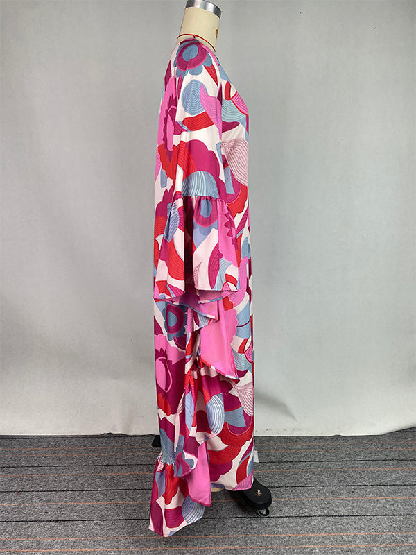 Batwing Sleeves Loose Flower Print Pleated Split-Joint Round-Neck Maxi Dresses