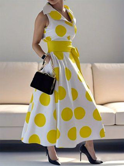 A-Line Sleeveless Polka-Dot Split-Joint Tied Waist Lapel Maxi Dresses Shirt Dress