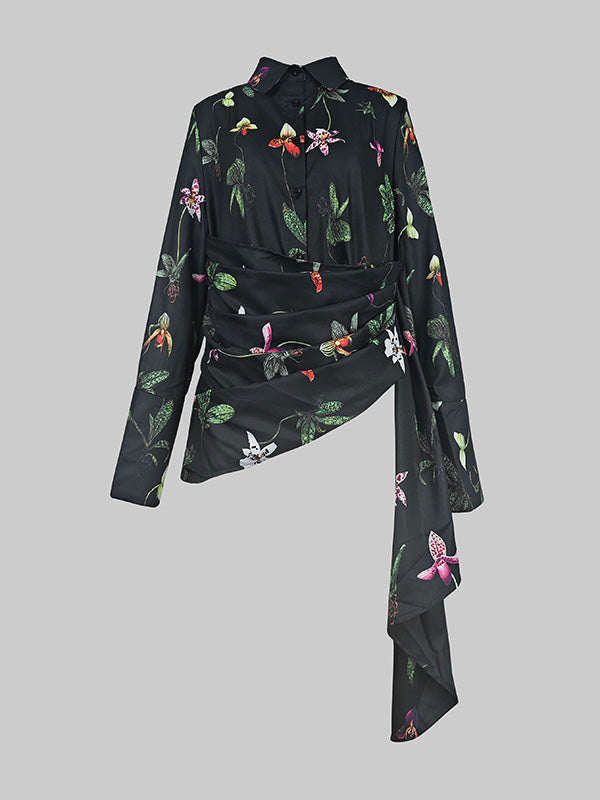 Long Sleeves Loose Asymmetric Flower Print Split-Joint Lapel Blouses&Shirts Tops