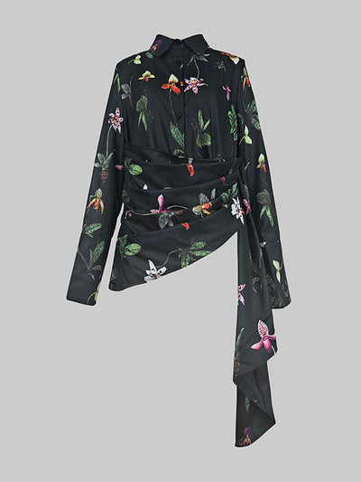 Long Sleeves Loose Asymmetric Flower Print Split-Joint Lapel Blouses&Shirts Tops