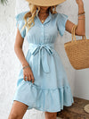 A-Line Loose Buttoned Pleated Polka-Dot Tied Waist Round-Neck Mini Dresses