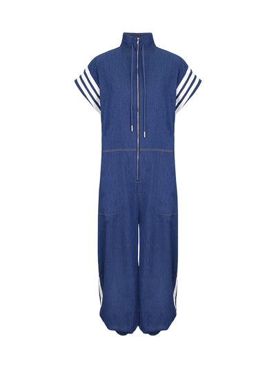 Ankle-Tied Loose Contrast Color Pockets Split-Joint Striped Zipper Stand Collar Jumpsuits