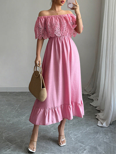 A-Line High Waisted Pleated Ruffled Solid Color Split-Joint Off-the-shoulder Midi Dresses