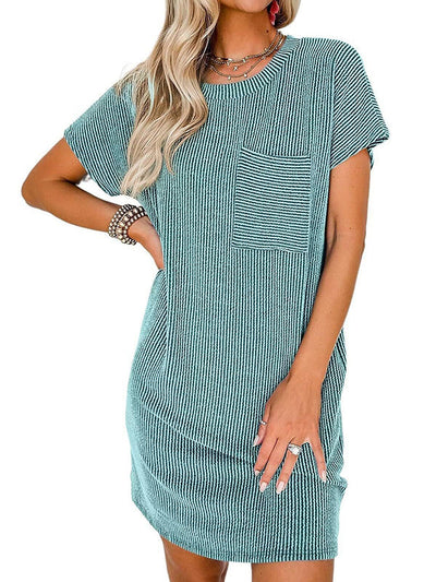 A-Line Loose Contrast Color Pockets Split-Joint Striped Round-Neck Mini Dresses