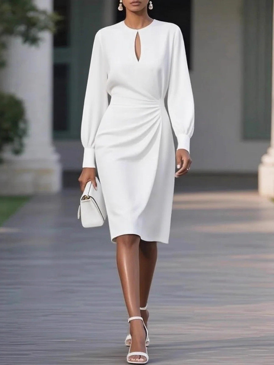 Elasticated Waist High Waisted Hollow Pleated Solid Color Round-Neck Midi Dresses