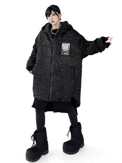 High-Low Irregularity Abstract Printed Contrast Color Split-Joint Zipper Hooded Outerwear Overcoat