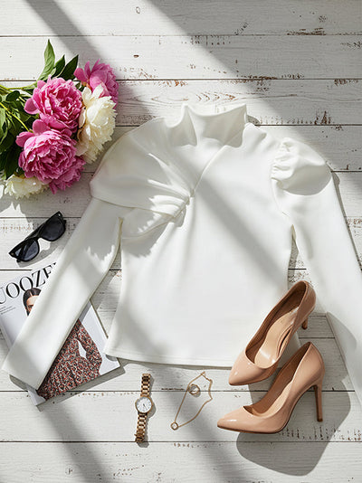 Irregularity Long Sleeves Asymmetric Pleated Solid Color High Neck Sweatshirt Tops