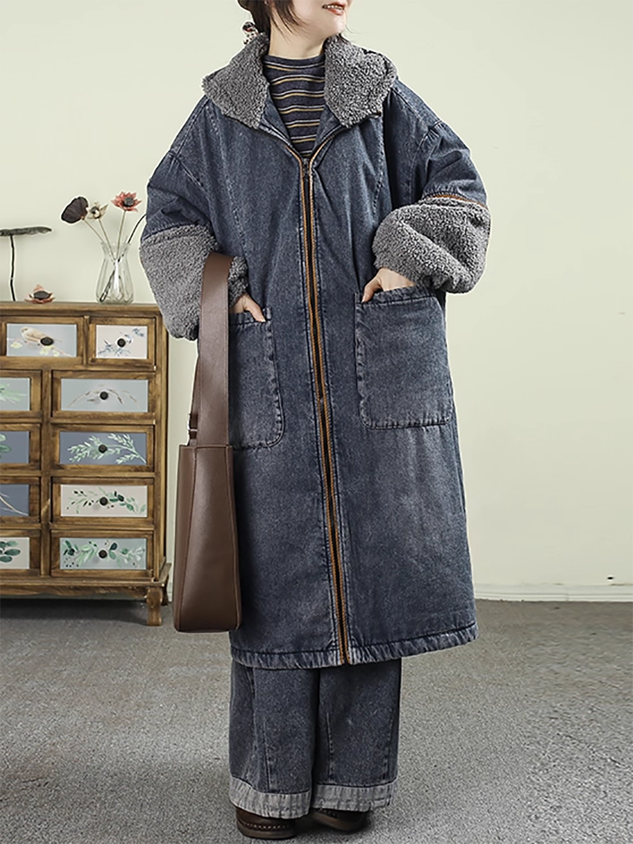 Women Winter Denim Spliced Lamb Fleece Hooded Coat
