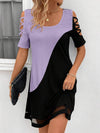 A-Line Loose Contrast Color Hollow Mesh Split-Joint Cold Shoulder Mini Dresses