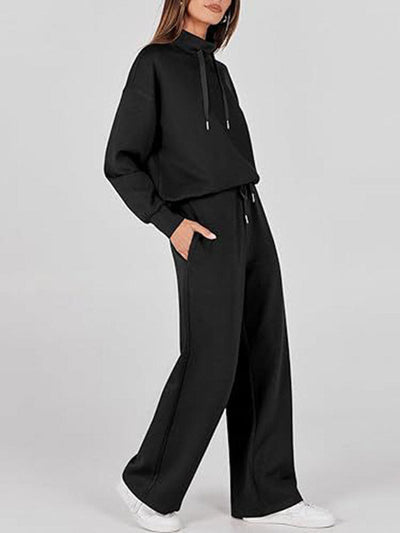 High Waisted Long Sleeves Drawstring Split-Joint Sweatshirt + Pants/Trousers Two Pieces Set