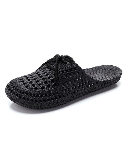 Hollow Lace-Up Round-Toe Mules&Slides Slippers