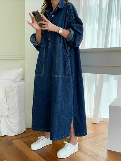 Long Sleeves Loose Buttoned Pockets Solid Color Split-Joint Split-Side Lapel Maxi Dresses Shirt Dress