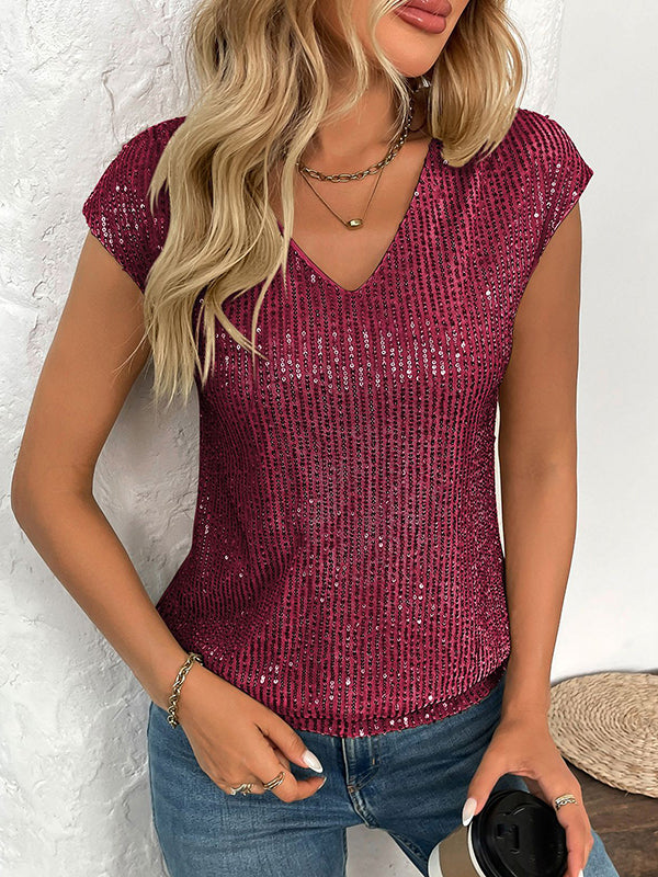 Batwing Sleeves Loose Sequined Shiny V-Neck T-Shirts Tops