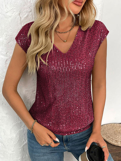 Batwing Sleeves Loose Sequined Shiny V-Neck T-Shirts Tops