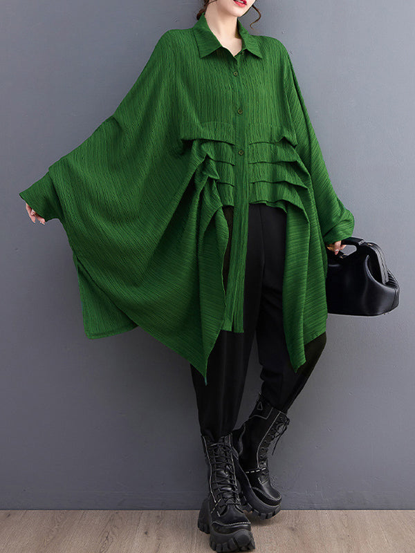 Long Sleeves Loose Pleated Solid Color Lapel Blouses&Shirts Tops