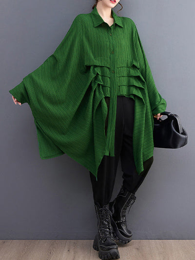 Long Sleeves Loose Pleated Solid Color Lapel Blouses&Shirts Tops