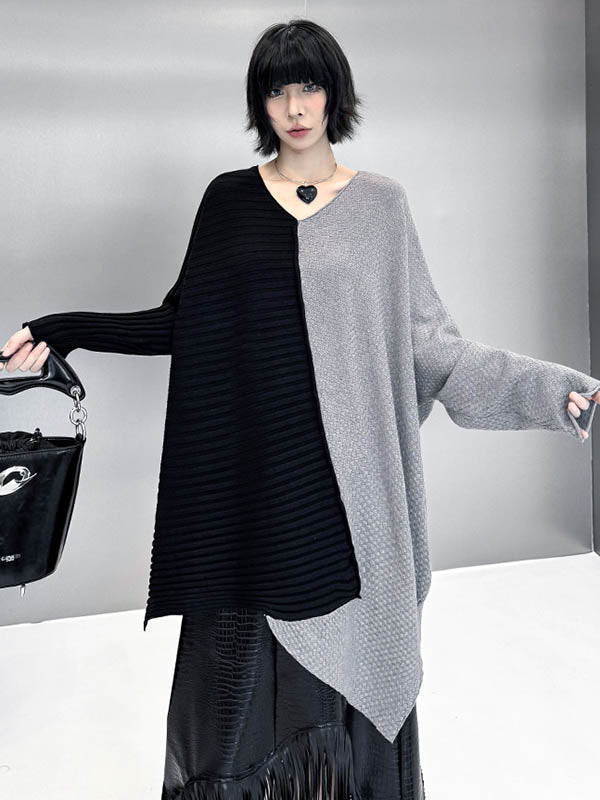 Batwing Sleeves Irregularity Asymmetric Contrast Color Split-Joint Textured V-Neck Sweater Tops
