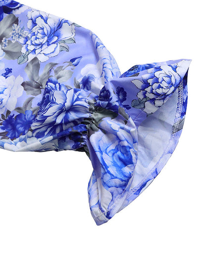 Long Sleeves Floral Printed Blouse + Split-Back Solid Color Skirt Two Pieces Set